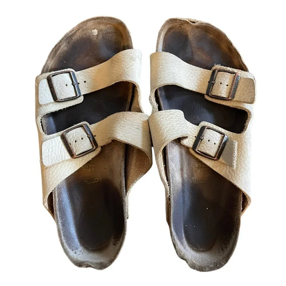 Mens Birkenstock Arizona Cream Pebbled Leather Sandals 45 12 Germany 2 Strap